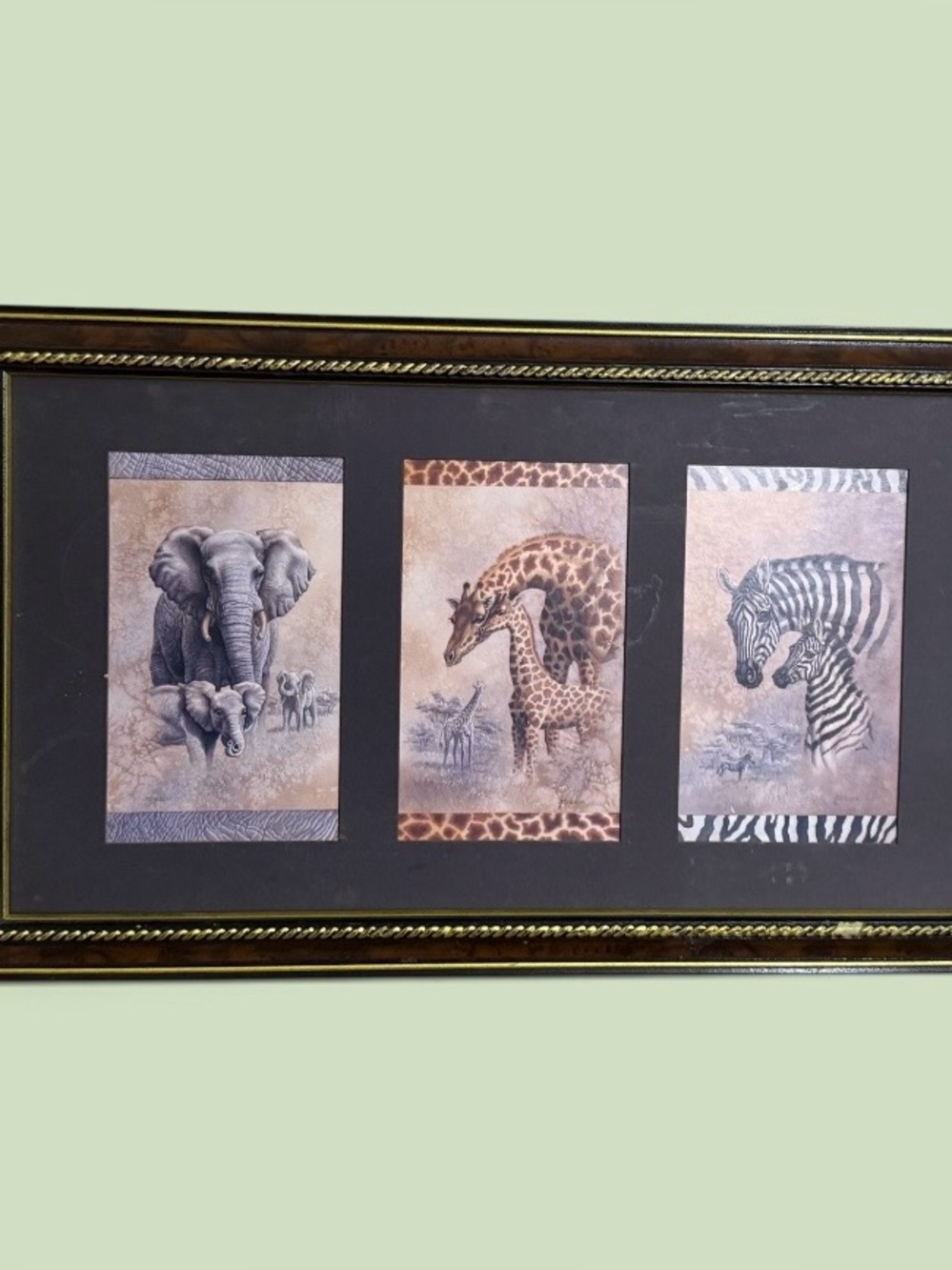 Vintage~Home Interiors~Framed Safari Trio~Wall Picture Art Print~Safari Animals